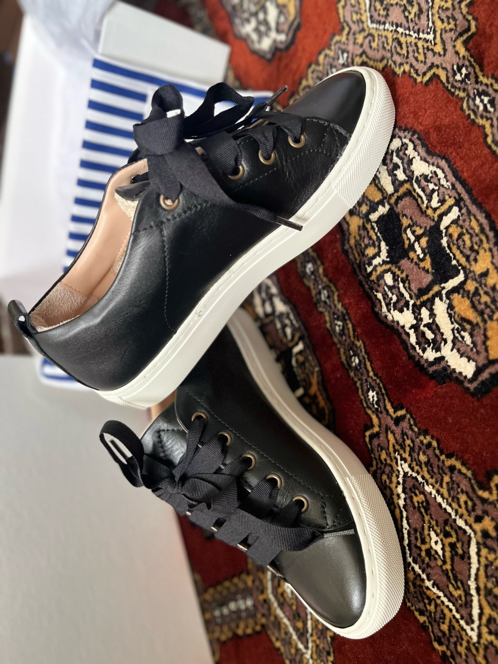 Manebi Black Leather Sneakers with White Sole